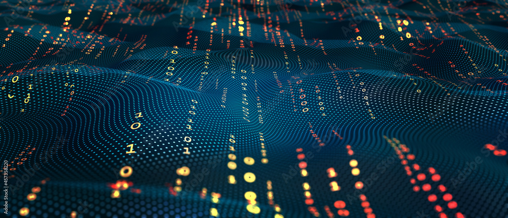 Terabytes of binary code data flying in a stream of information. Wavy field of coded blockchains. Neural network, points and numbers 3D illustration