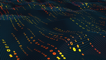 Big data technology digital field. Binary code futuristic information technology. Encrypted data stream. Information transfer and cloud protection, high-speed internet. Wave coding 3D illustration