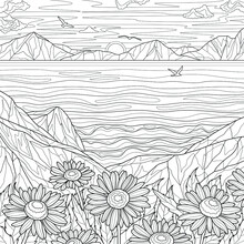 Landscape With Mountains,sea And And Camomiles.Coloring Book Antistress For Children And Adults. Illustration Isolated On White Background.Zen-tangle Style. Hand Draw