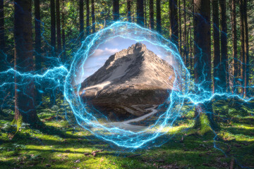 Wall Mural - magical portal between green forest and mountains