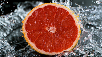 Fototapete - Freeze Motion Shot of Fresh Grapefruit with Water Splash, close-up.
