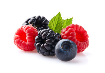 Wall Mural - Mix berries with leaves in closeup on white background