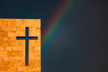 A Rainbow Above A Modern Church Tower With Christian Cross, Image With Copy-space