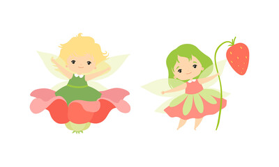 Canvas Print - Little Fairy or Pixie with Wings as Woodland Nymph Sitting in Flower Cup and Holding Strawberry Stalk Vector Set