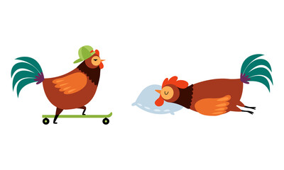 Wall Mural - Rooster or Cock Character in Cap Skateboarding and Sleeping on Pillow Vector Set