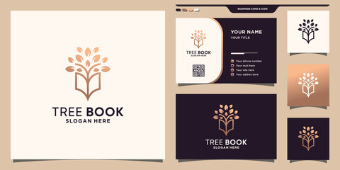 Wall Mural - Tree combined book logo with line art style and business card design Premium Vector