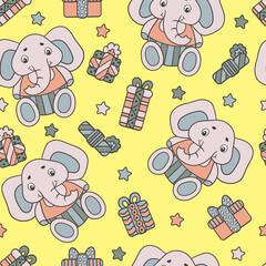 Poster - Seamless pattern with toy elephants and gifts