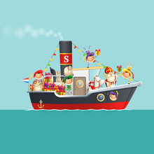 Sinterklaas Is Coming To Town With Kids On Steamboat - Celebration Sinterklaas Day - Vector Illustration