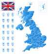 Blue map of United Kingdom administrative divisions with travel infographic icons.