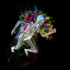 Wall Mural - Anatomy, x-ray look of a human body with dynamic glowing energy field, female in a strong running position, neon glowing, rainbow colores, 3d illustration