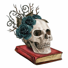 Gothic Watercolor Skull With Black Roses On A Book