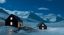 Night Sky Over Remote Ski Cottage In Iceland On A Clear Night