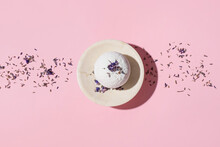 Composition With Lavender Bath Bomb On Color Background