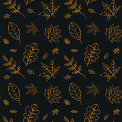 Wall Mural -  Line art orange leaves  seamless pattern  on black background. Great for autumn and Thanksgiving greeting cards, posters, home décor and  textile 