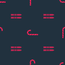 Set Ski And Sticks And Christmas Candy Cane On Seamless Pattern. Vector
