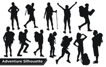 Collection Of Hiker In Mountains Silhouettes In Different Poses
