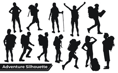 Collection of Hiker in mountains silhouettes in different poses