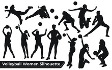 Collection Of Volleyball Player Woman Silhouettes In Different Poses