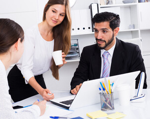 Wall Mural - Group of confident business colleagues planning work at joint meeting