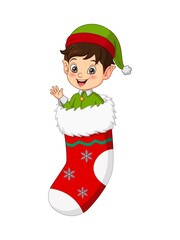 Wall Mural - Cute christmas elf with christmas stocking