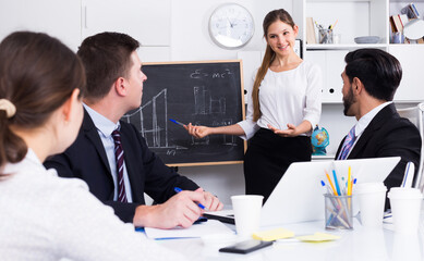 Wall Mural - Successful smiling business woman presenting new business strategy to partners in office