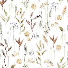 Seamless Pattern With Autumn Spirit Elements. Watercolor Illustration, Perfect For Wallpaper, Fabric, Wrapping Paper