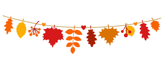 beautiful autumn leaves hanging on a string. fall season banner in flat style. colorful seasonal gar