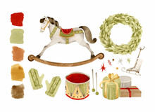 Vintage Rocking Horse And Christmas Toys Watercolor Elements Set Clip Art