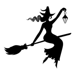 Poster - Halloween  witch on broom fly silhouette