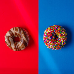 Two donuts on a red and blue background. The donuts are different, beautifully decorated with chocolate and white sugar icing, as well as colored sprinkles. Sweet food, pastry shop.