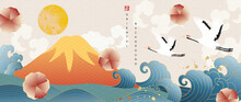 Oriental Style Background Vector. Chinese And Japanese Oriental Line Art With Golden Line Art Texture. Wallpaper Design With Mount Fuji , Sun, Flamingo, Ocean And Wave.