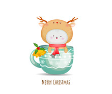 Cute Kitty In Deer Costume For Merry Christmas With Tea Cup Illustration Premium Vector