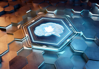 Aufkleber - Brain icon concept engraved on metal hexagonal pedestral background. Artificial intelligence symbol glowing on abstract digital surface. 3d rendering