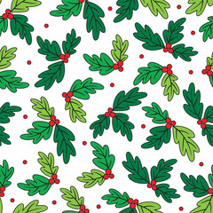 Wall Mural - Seamless Holly Leaf pattern, Christmas background with red and green color