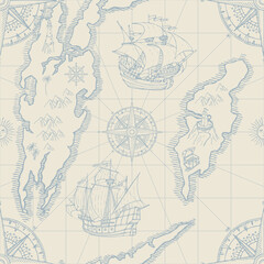  Vector hand-drawn seamless pattern on the theme of travel, adventure and discovery. Old map background with islands, pirate frigates, vintage sailing yachts and wind roses in retro style