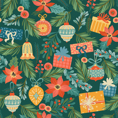 Christmas and Happy New Year seamless pattern with Christmas decorations, flowers and gifts. Vector design