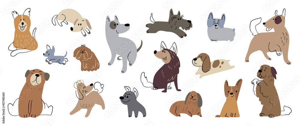 Cute dogs doodle vector set. Cartoon dog or puppy characters design ...