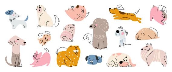 Wall Mural - Cute dogs doodle vector set. Cartoon dog or puppy characters design collection with flat color in different poses. Set of funny pet animals isolated on white background.