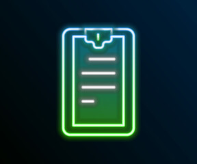 Sticker - Glowing neon line Clipboard with checklist icon isolated on black background. Control list symbol. Survey poll or questionnaire feedback form. Colorful outline concept. Vector