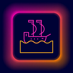 Sticker - Glowing neon line Sailboat or sailing ship icon isolated on black background. Sail boat marine cruise travel. Colorful outline concept. Vector