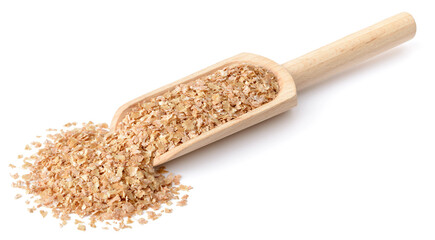 Sticker - raw wheat bran in the wooden scoop, isolated on white