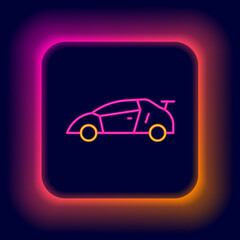 Sticker - Glowing neon line Sport racing car icon isolated on black background. Colorful outline concept. Vector