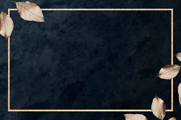 Wall Mural - gold frame with foliage pattern on black marble textured background vector