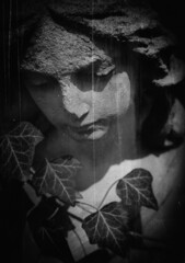 Fototapete -  Retro styled antique vintage image of sad angel as symbol of death. Black and white image.