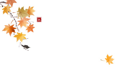 fall foliage and black bird sitting on tree branch. traditional oriental ink painting sumi-e, u-sin,