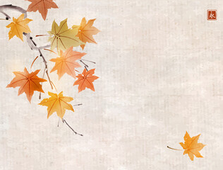 autumn maple leaves on vintage background. traditional japanese ink wash painting sumi-e. hieroglyph
