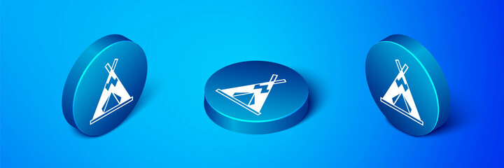 Poster - Isometric Traditional indian teepee or wigwam icon isolated on blue background. Indian tent. Blue circle button. Vector