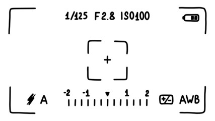 Camera viewfinder interface, screen. Photo shooting mode. Doodle style sketch. Vector illustration.