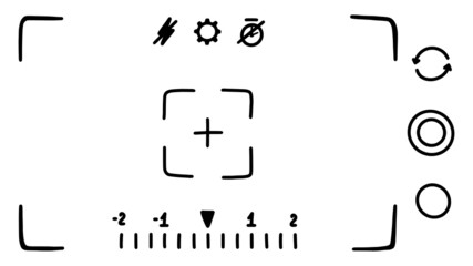 Camera viewfinder application interface on smartphone, screen. Photo shooting mode. Doodle style sketch. Vector illustration.