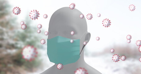 Image of covid 19 cells moving over human head with face mask spinning on winter scenery